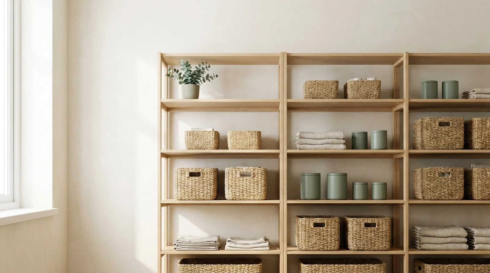 A neatly organized Japandi-style shelving unit with woven baskets, linen and ceramic canisters